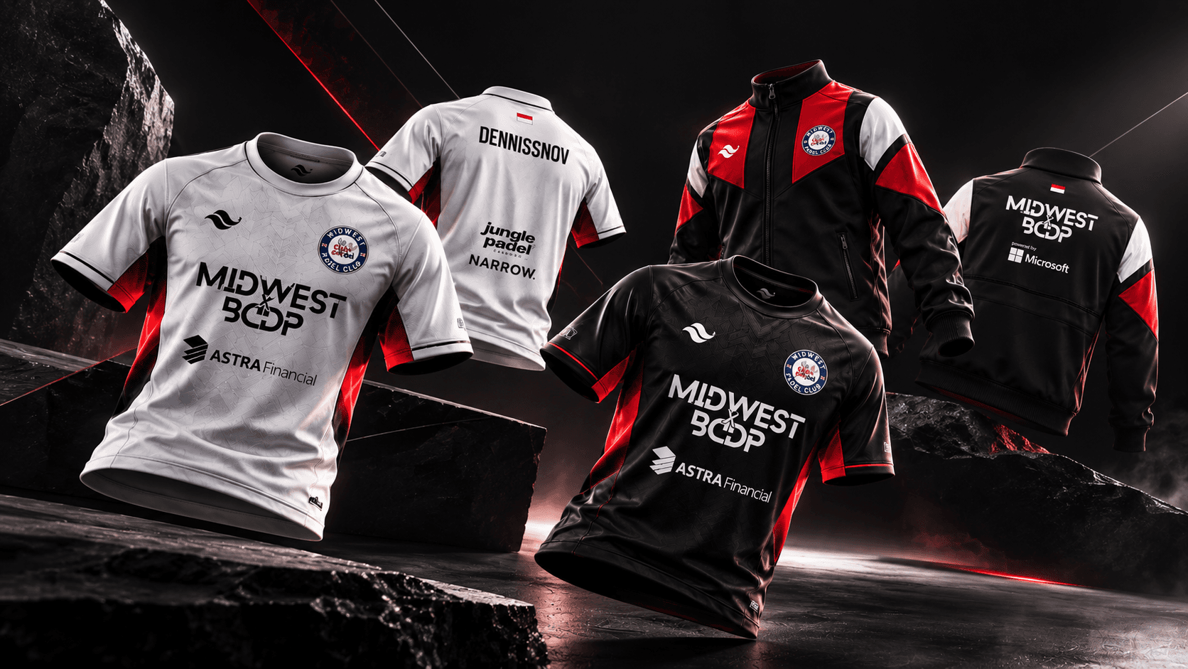The complete Midwest × BCDP collection: white and black jerseys with the team track jacket
